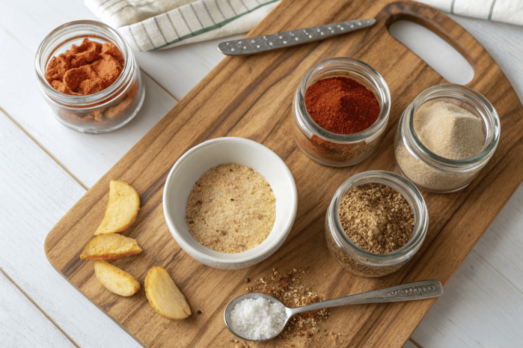  Ingredients for french fry seasoning, including paprika, garlic powder, onion powder, and salt.