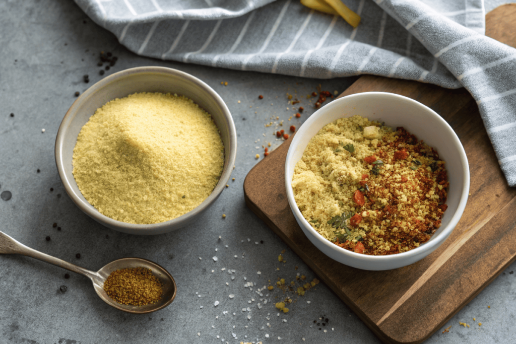 Side-by-side bowls of French fry seasoning and seasoning salt.