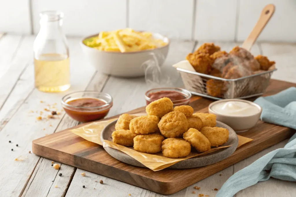 Golden Chick corn nuggets served fresh on a wooden table with dipping sauces.