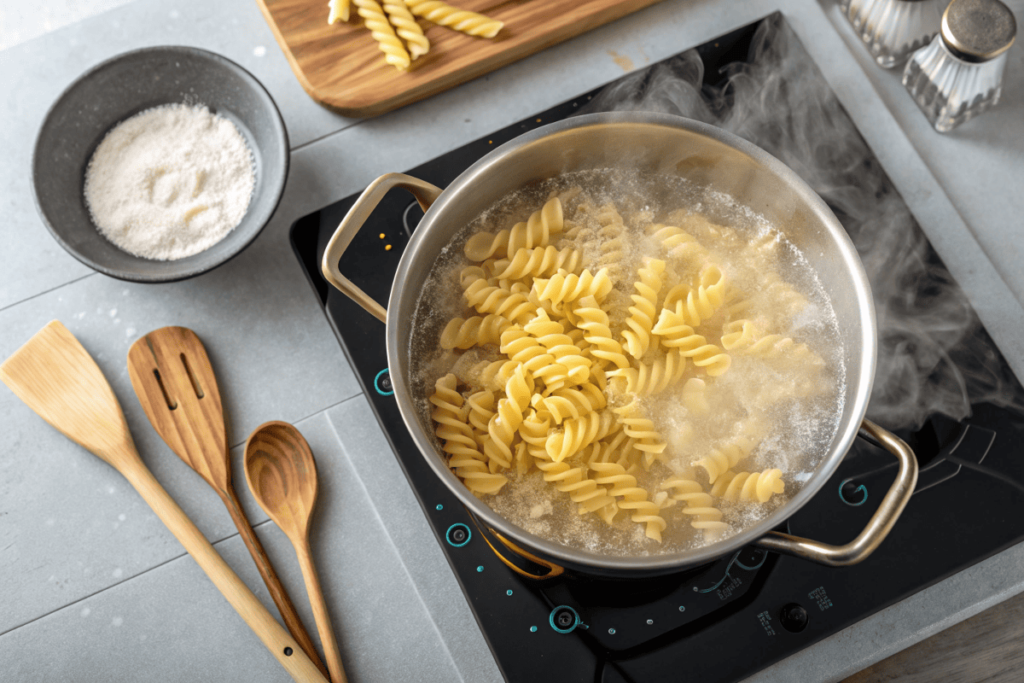 Ingredients for garlic parmesan chicken pasta arranged on a wooden board