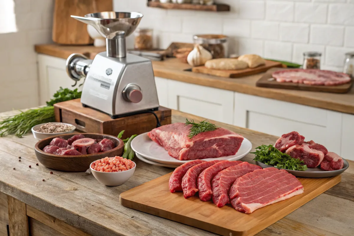 Various raw meats including beef, pork, chicken, and lamb on a butcher’s table with a meat grinder nearby.