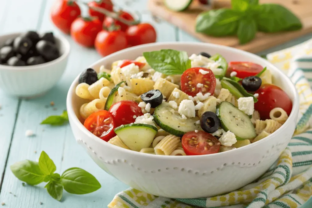 Colorful Mediterranean cold pasta salad with ditalini pasta, tomatoes, cucumbers, and feta