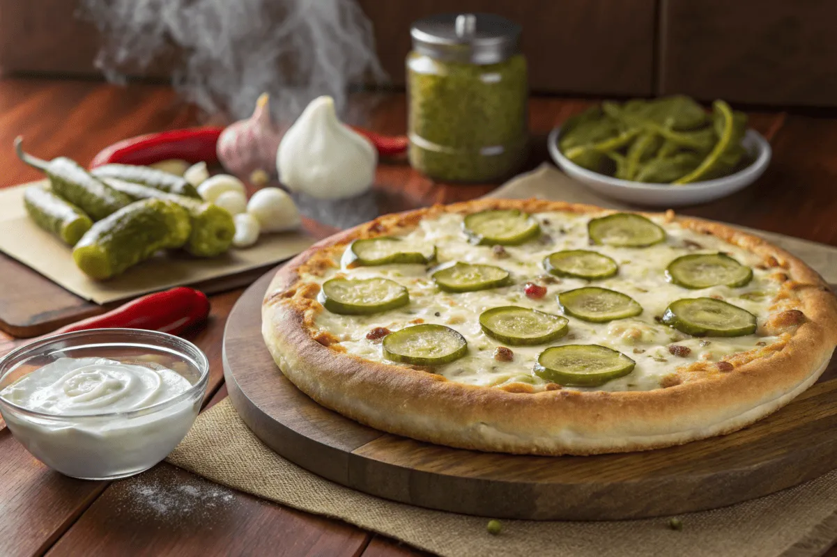 Freshly baked pickle pizza topped with dill pickles, cheese, and a golden crust.