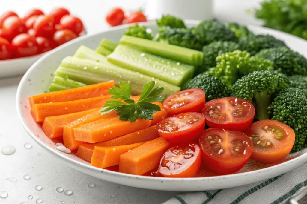 Close-up of fresh vegetables on a white plate