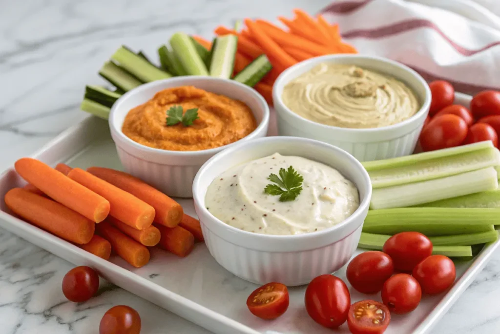 Three bowls of dips with fresh vegetables on a marble countertop