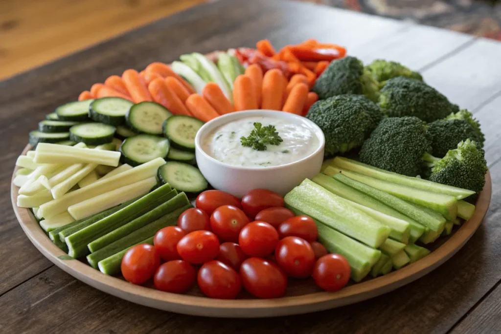 A colorful and fresh veggie tray with dip on a wooden table.