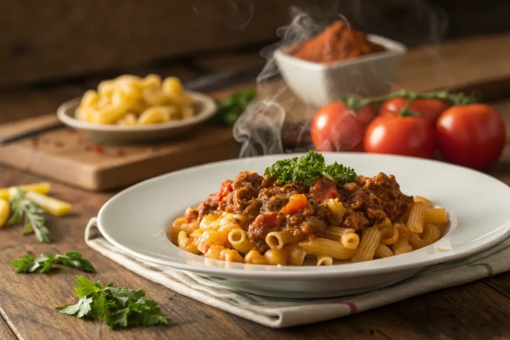 Freshly prepared Beefaroni served with steam rising, garnished with parsley on a wooden table.