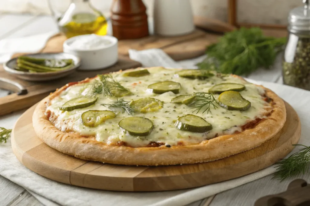 Freshly baked pickle pizza with mozzarella cheese and dill pickles.