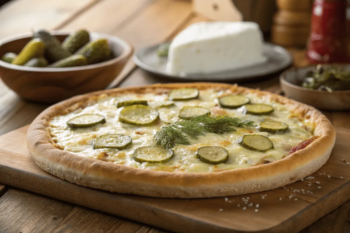 A delicious pickle pizza on a wooden table with cheese and pickles.