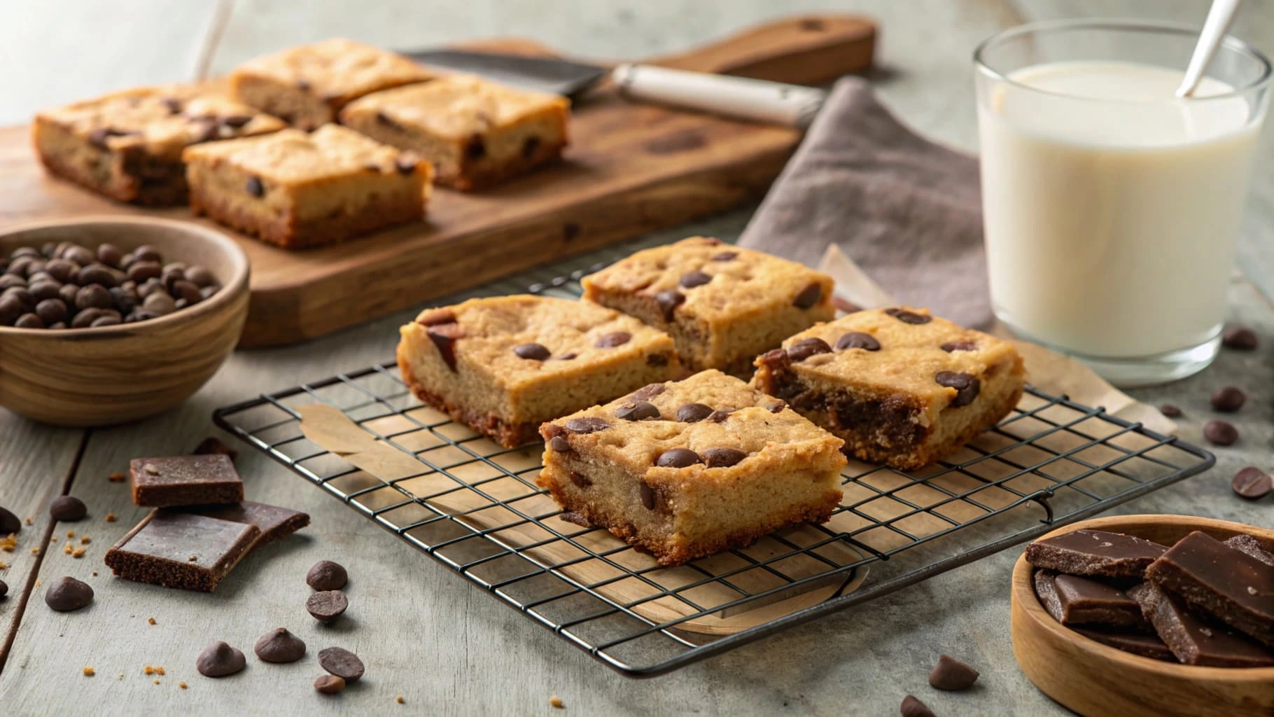 Freshly baked Toll House bars on a cooling rack with chocolate chips and milk.