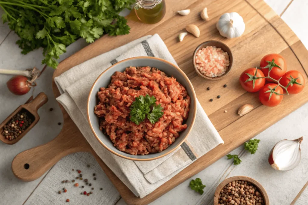 Carne molida in a bowl with spices, herbs, and fresh vegetables on a wooden countertop.