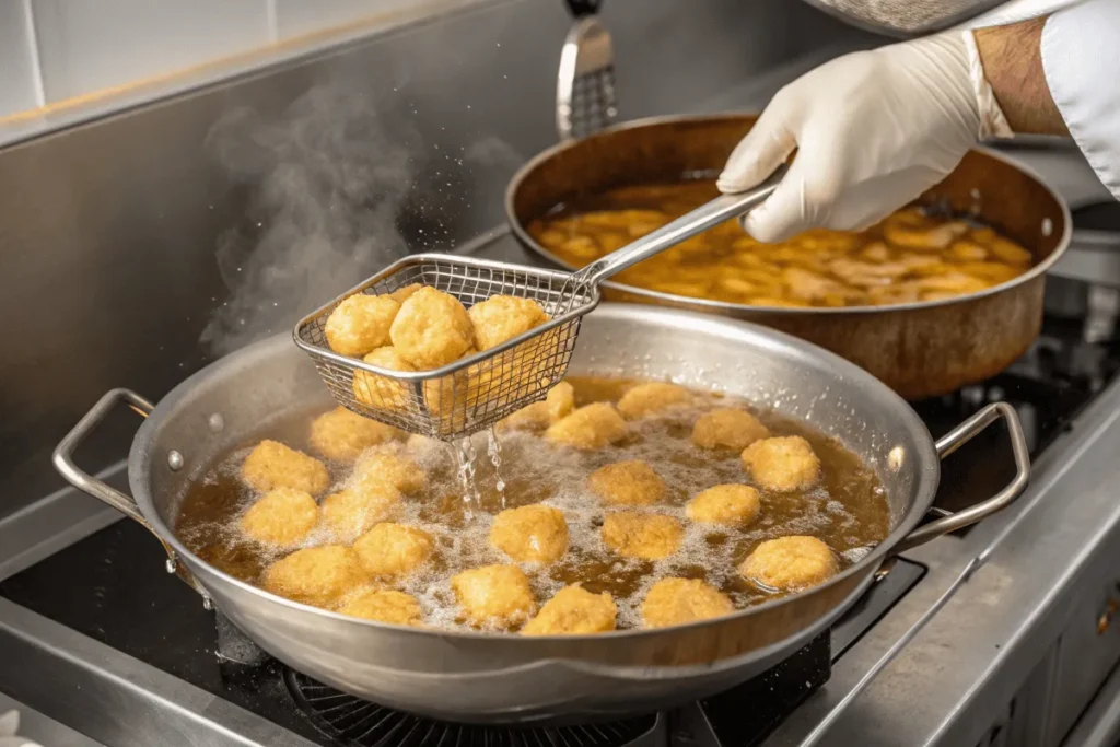 Corn nuggets being deep-fried in hot oil, showing their crispy golden exterior.