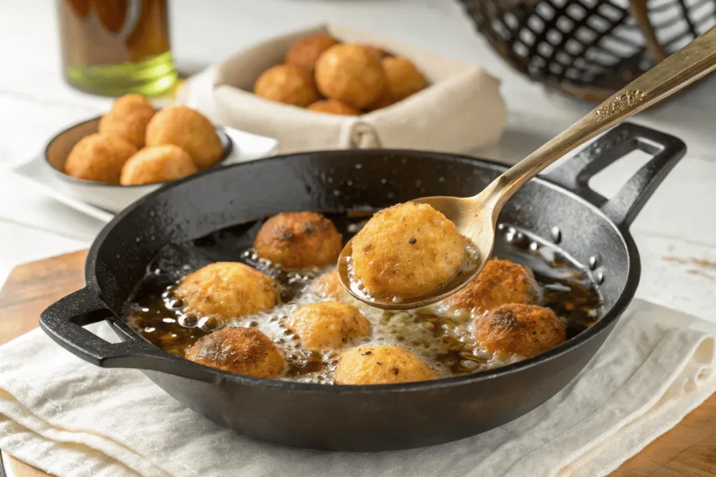 Hush puppies frying in a cast-iron skillet with golden-brown perfection