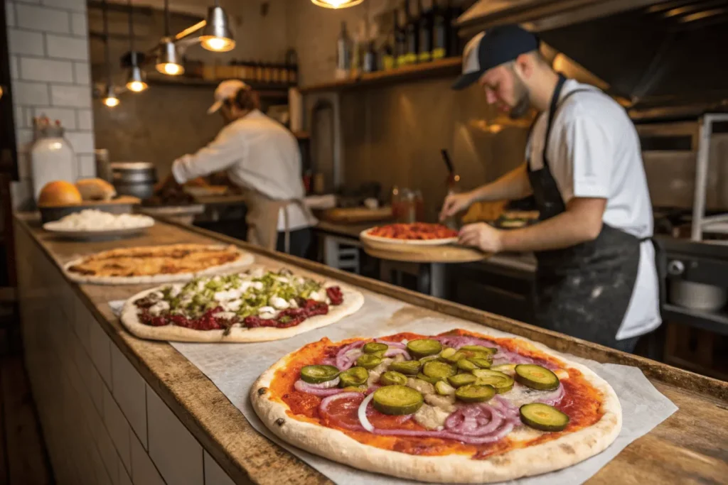 Chefs preparing unique pizzas in a cozy kitchen.