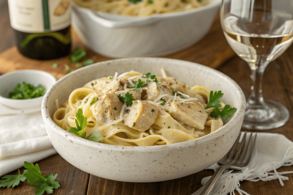 A steaming bowl of garlic parmesan chicken pasta garnished with parsley and parmesan.