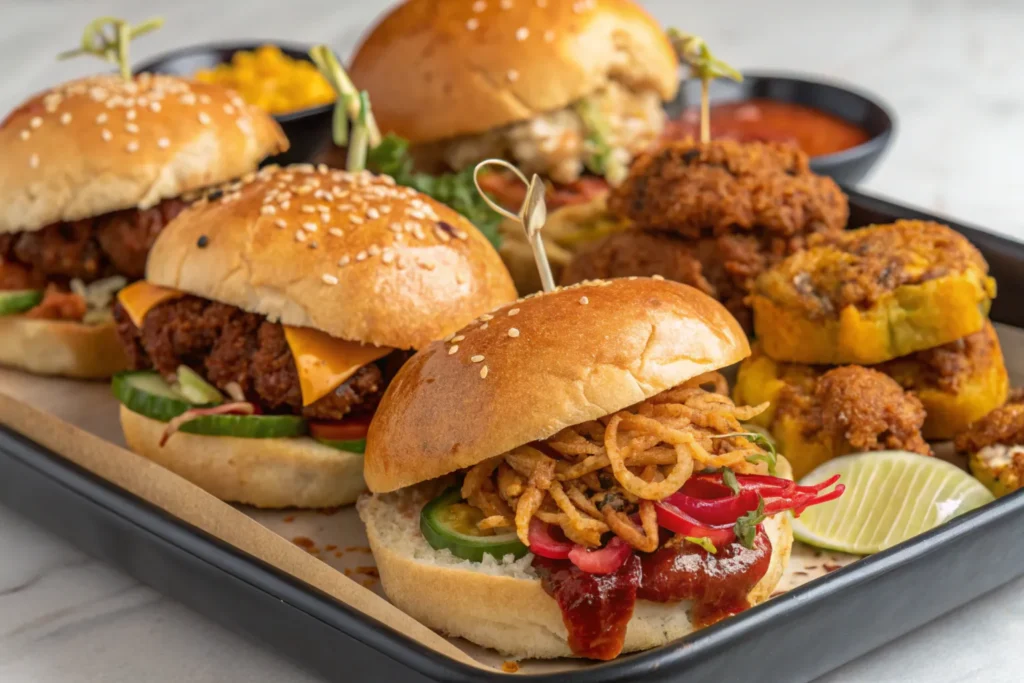 A platter featuring global variations of spicy chicken sandwiches.