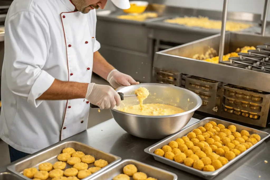 Chef preparing corn nuggets by mixing corn and batter in a professional kitchen