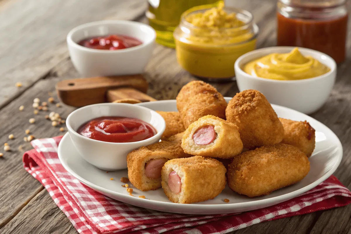 Golden corn dog nuggets with dipping sauces on a wooden table