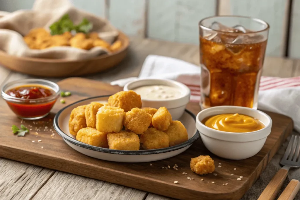 Golden, crispy corn nuggets with dipping sauces on a wooden table