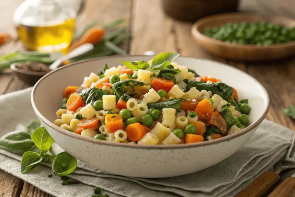 A bowl of ditalini pasta with vegetables and herbs on a rustic table. Is ditalini pasta healthy