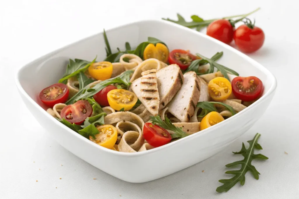 Healthy whole-grain heart-shaped pasta with olive oil, tomatoes, and chicken