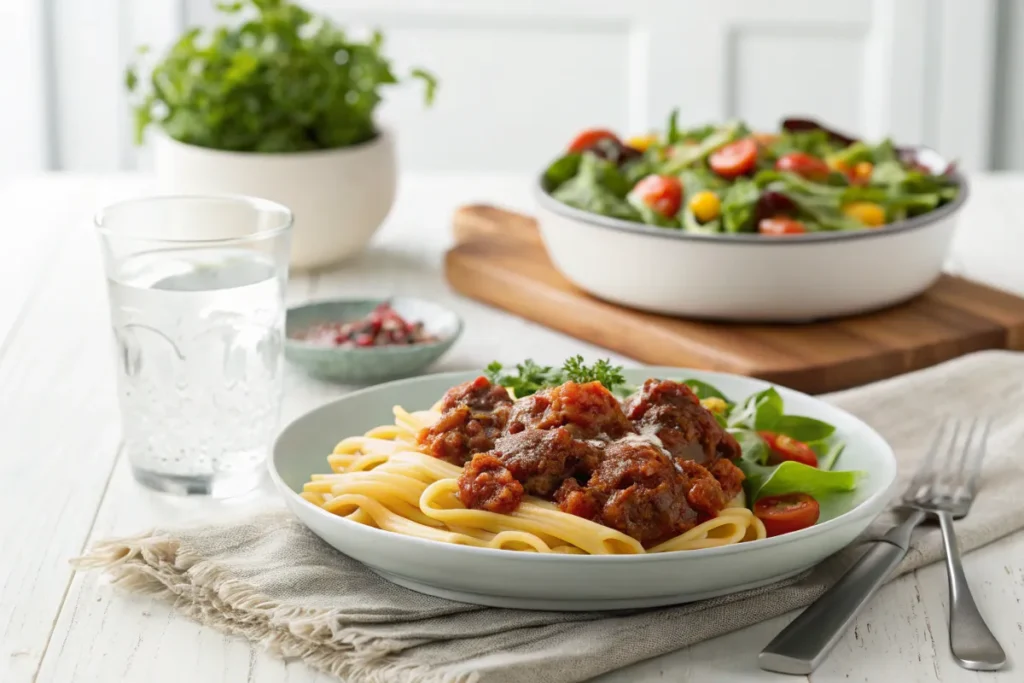 Homemade Beefaroni served with a green salad and water in a modern dining setup.