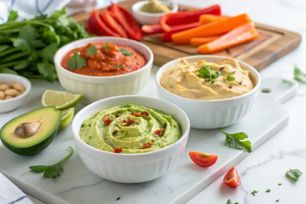 Greek yogurt dip, guacamole, and hummus with fresh vegetables