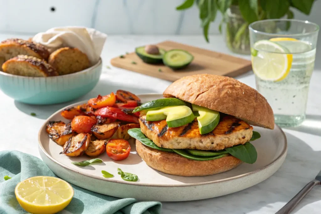 Healthy spicy chicken sandwich with roasted vegetables and lemon water.