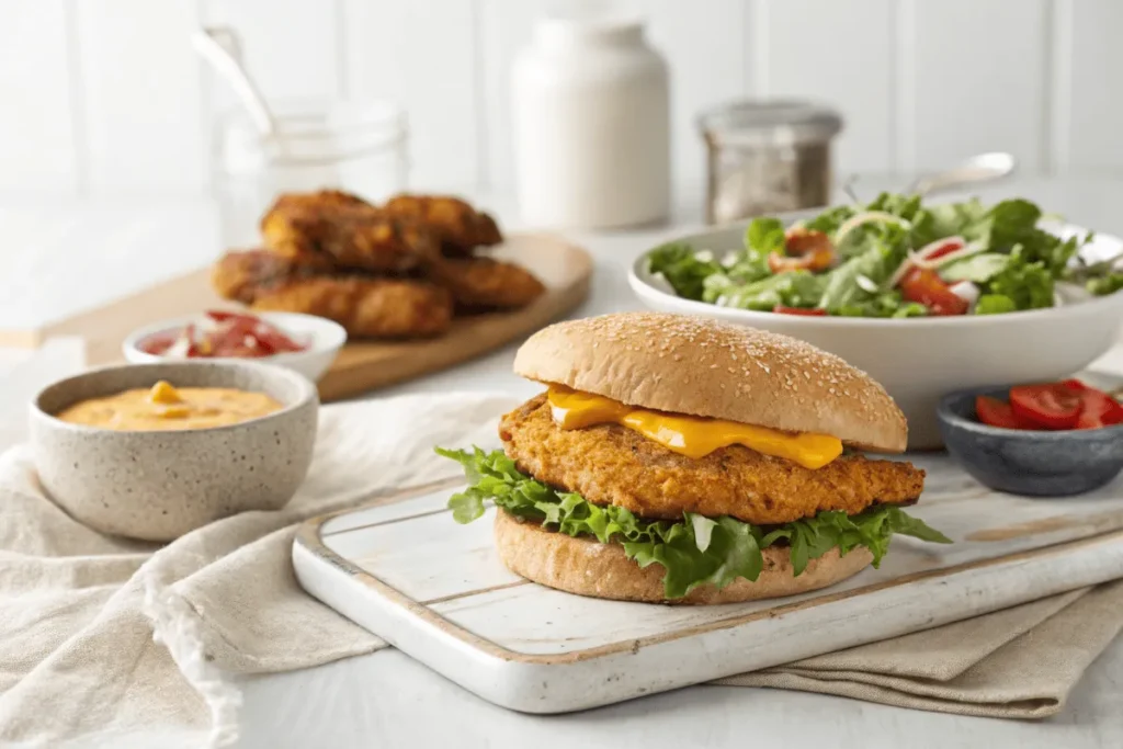 Healthier version of a Spicy Deluxe Crispy Chicken Sandwich with grilled chicken and a whole-grain bun.