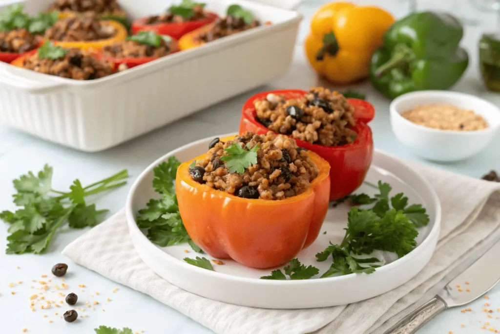 Stuffed bell peppers with lean ground turkey and quinoa.