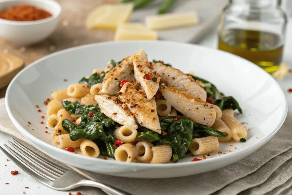 Whole-grain ditalini pasta with spinach, grilled chicken, and olive oil