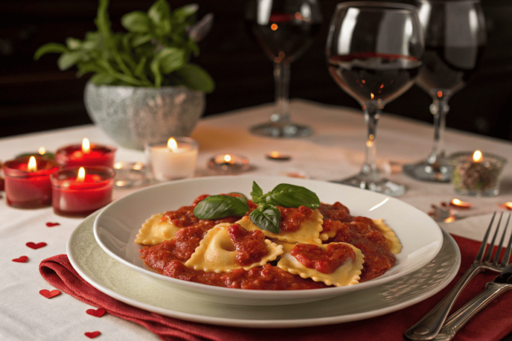 A plate of heart-shaped pasta with marinara sauce in a romantic dinner setting.