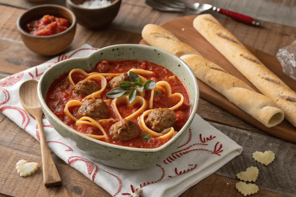 Heart-shaped pasta in tomato sauce with meatballs served with breadsticks.