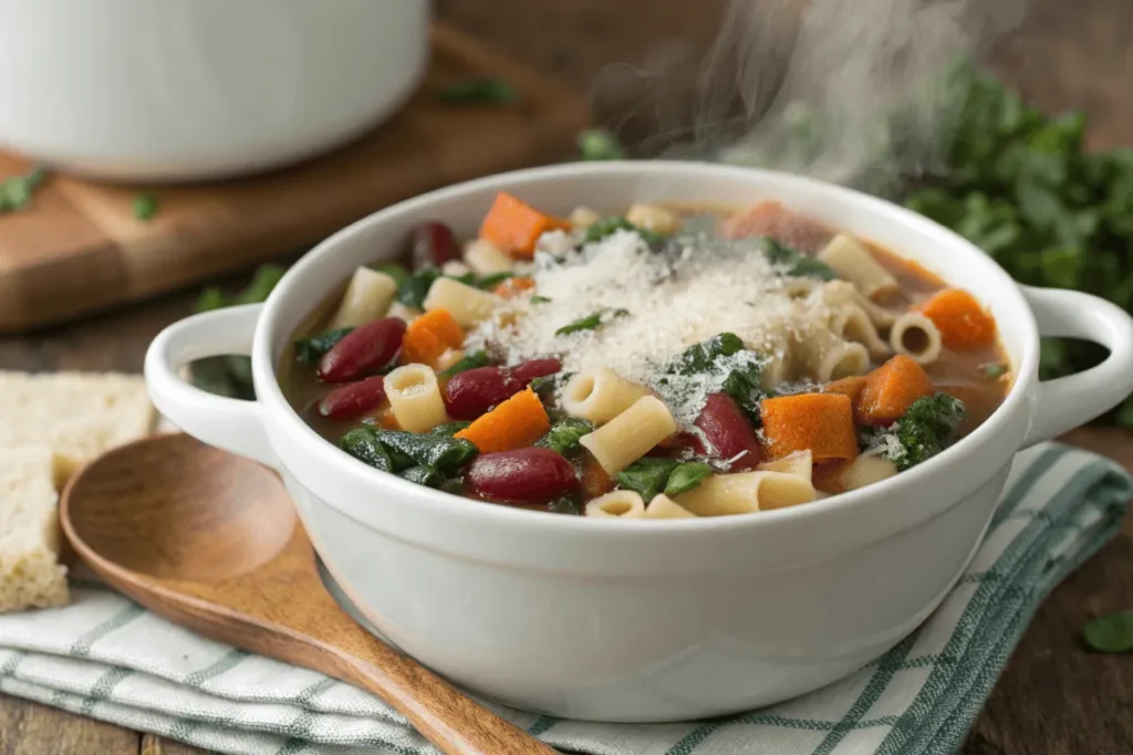 Minestrone soup with ditalini pasta, beans, and vegetables