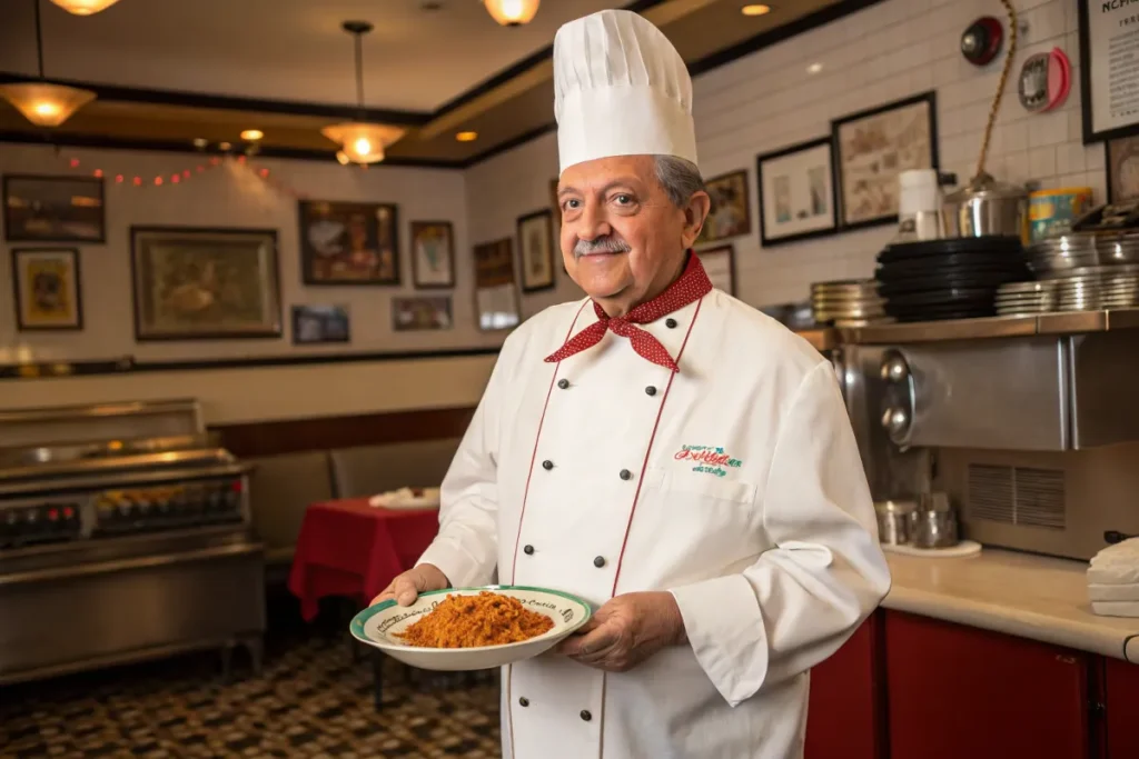 Hector Boiardi in chef’s uniform holding a plate of Beefaroni in a 1930s restaurant kitchen.