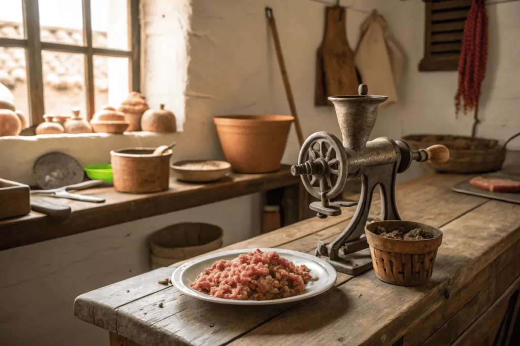 A vintage meat grinder on a rustic counter with freshly ground meat