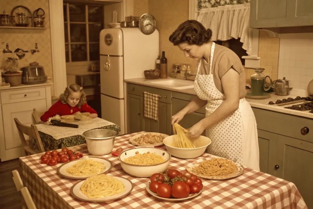 Historical depiction of a mid-20th century kitchen with pasta preparation and Italian-American ingredients.