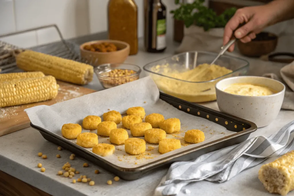 Homemade corn nuggets being prepared in a cozy kitchen with fresh ingredients.