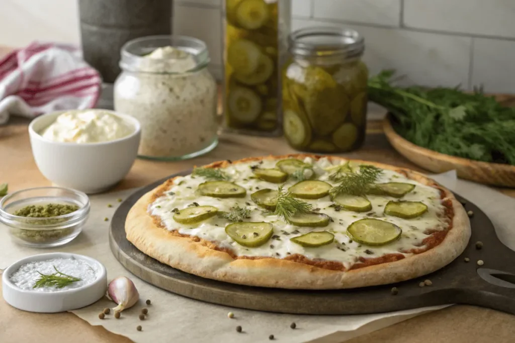 Homemade pickle pizza with garlic sauce and fresh herbs, straight from the oven.