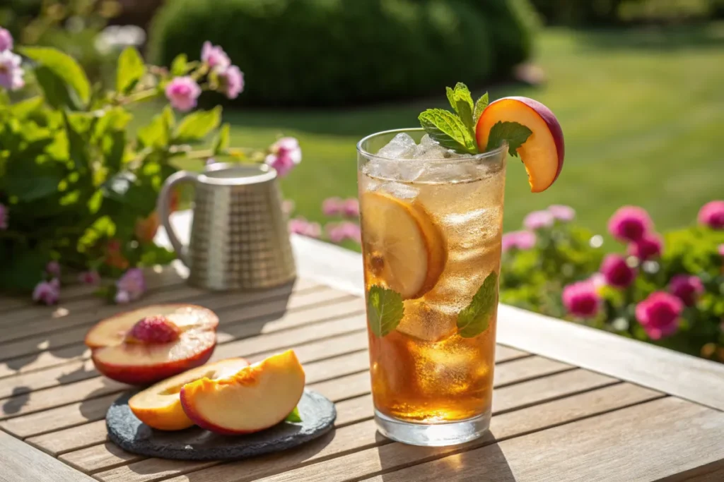 Iced Starbucks Medicine Ball tea with peach slices and mint on a sunny patio.