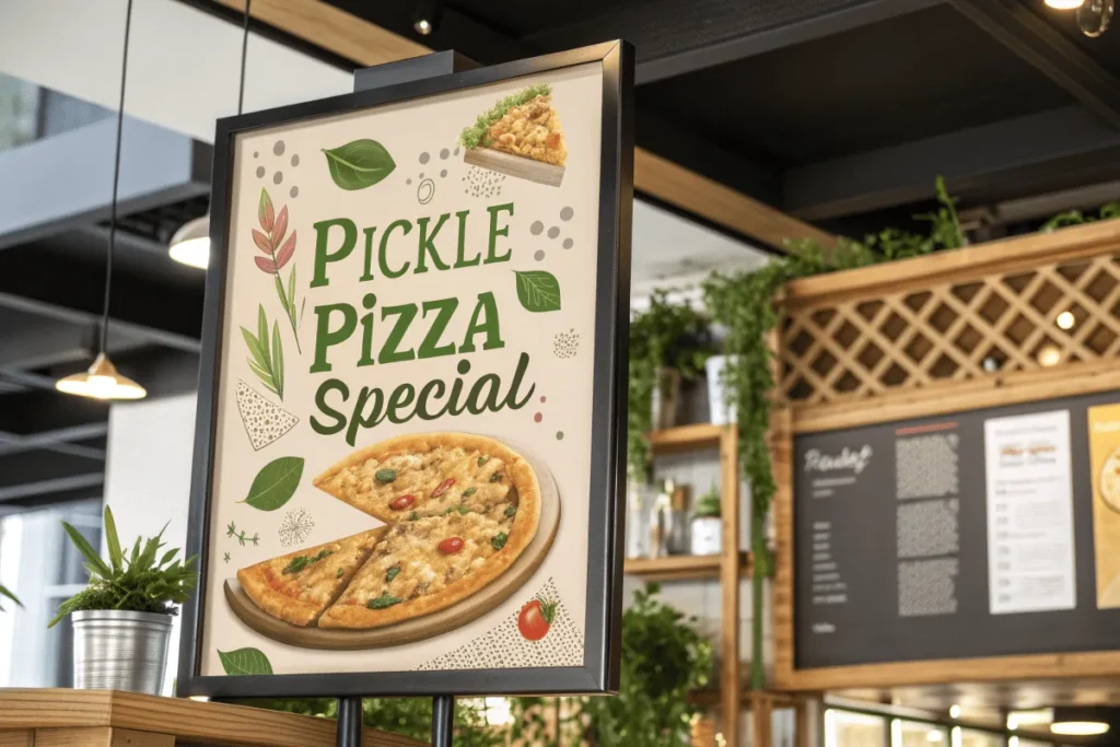 A menu featuring pickle pizza in a Pizza Hut-inspired setting.