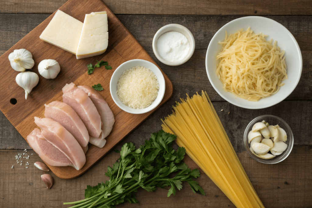  Fresh ingredients for Buffalo Wild Wings garlic parmesan chicken pasta on a wooden counter.