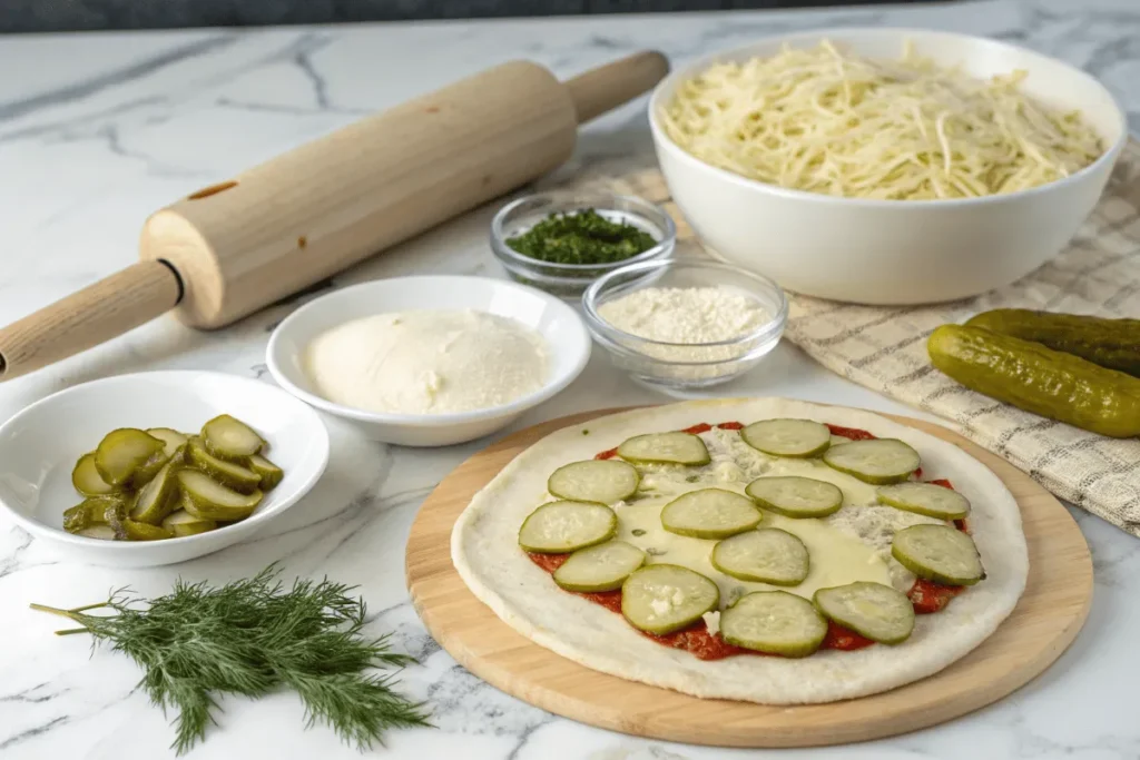 Ingredients for making pickle pizza, including pickles, dough, and cheese.