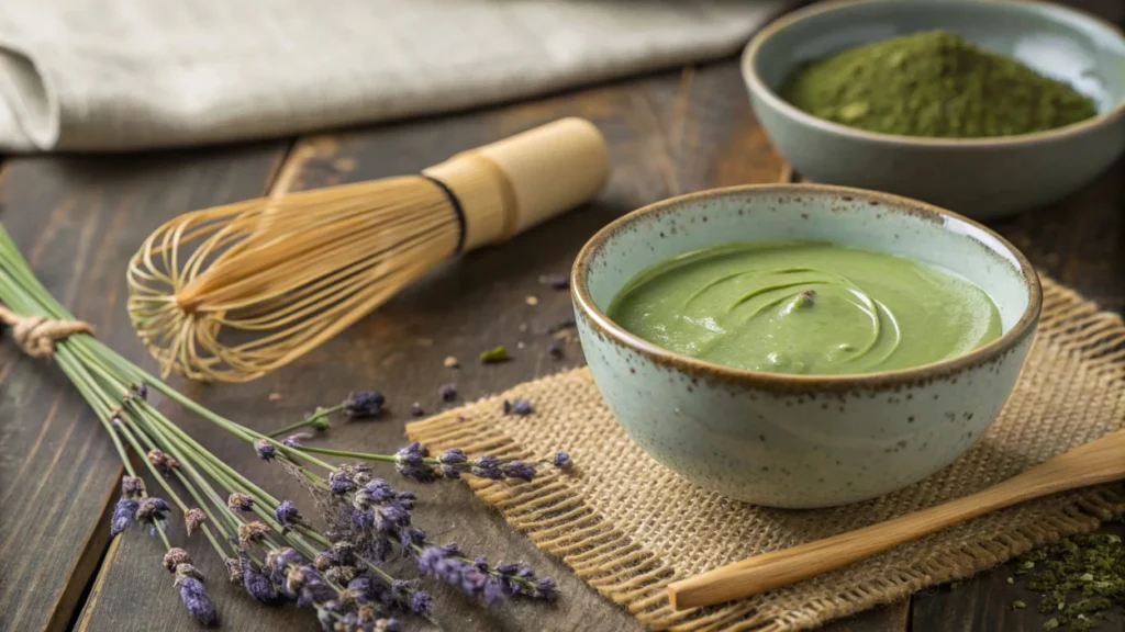 Matcha paste in a bowl with dried lavender buds beside it.