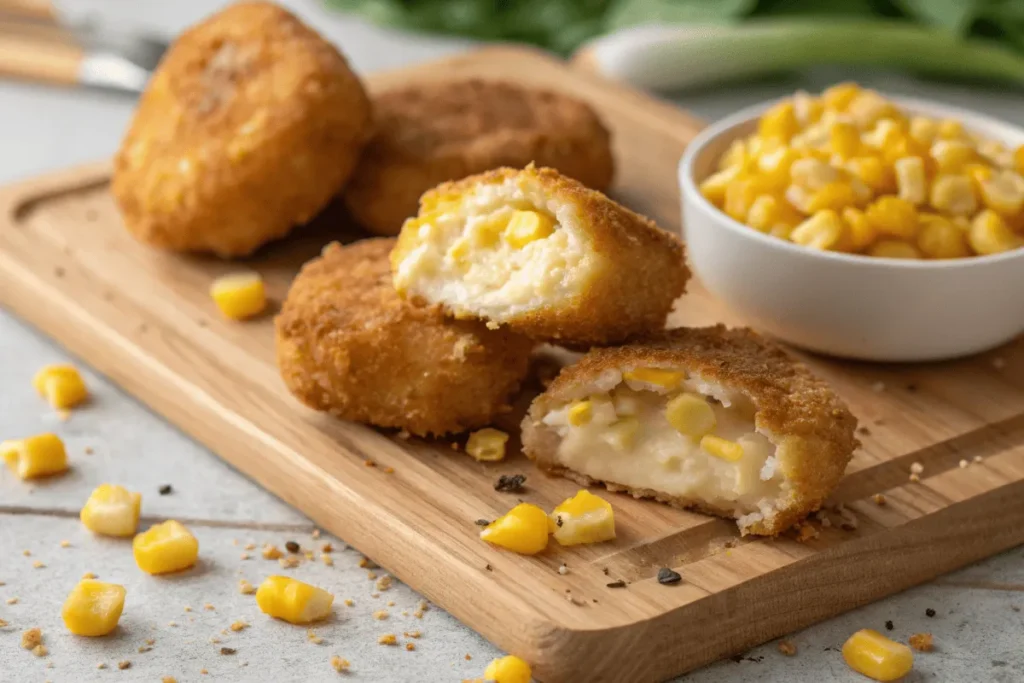 A close-up of Golden Chick corn nuggets broken open to reveal their creamy corn filling.