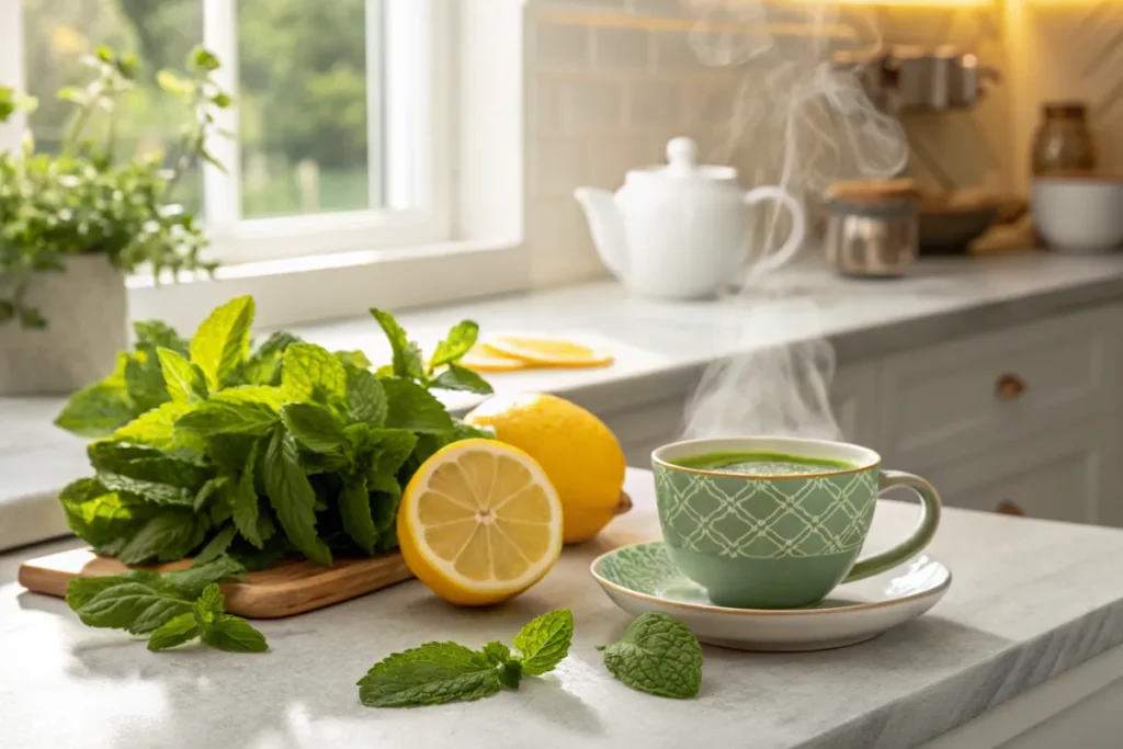 Jade Citrus Mint Tea with fresh mint, lemon, and a steaming cup on a kitchen counter.