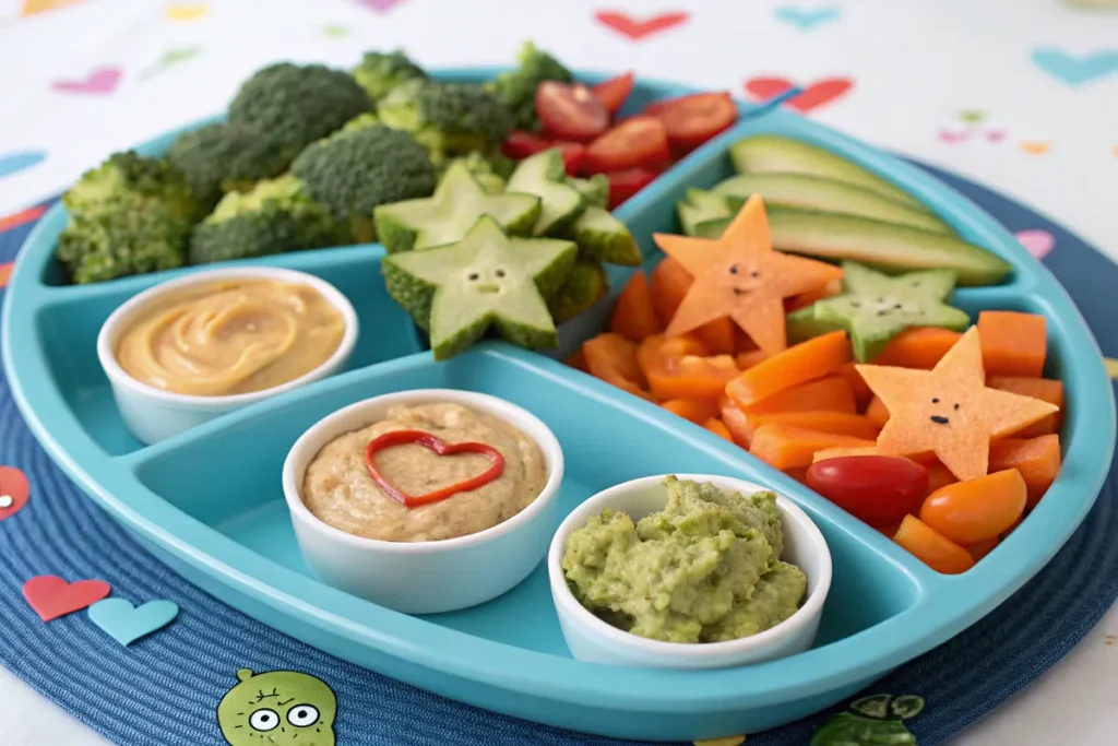 Veggie tray for kids with vegetables in fun shapes and dips