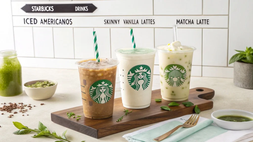 A variety of low-calorie Starbucks drinks displayed on a table.