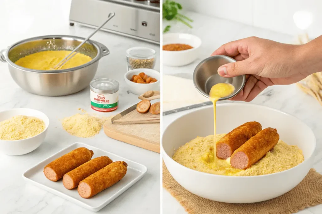 Hand dipping hot dog pieces into cornmeal batter for corn dog nuggets.