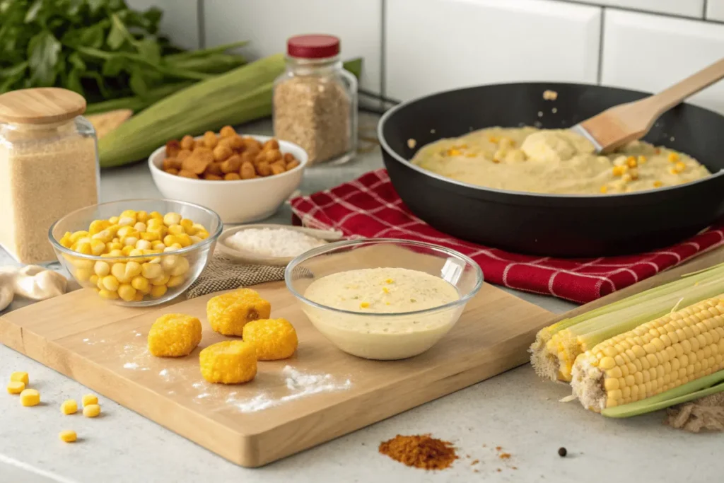 Ingredients and frying process of corn nuggets in a kitchen.